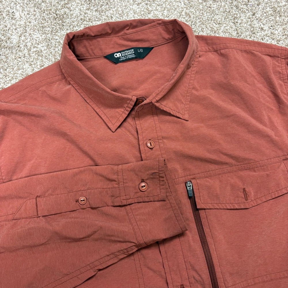 Outdoor Research Way Station Shirt Mens Large Rust Orange Long Sleeve Technical